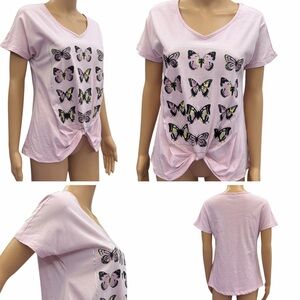 Delusional Pink V Neck Butterfly Print Knot Front Graphic Tee Womens Small